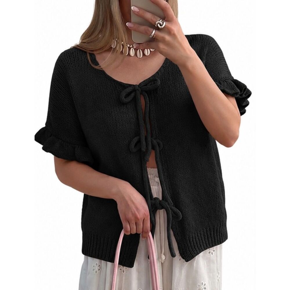 NWT Saodimallsu Black Tie Bow Front Cardigan Sweater Puff Short Sleeve Ruffle
